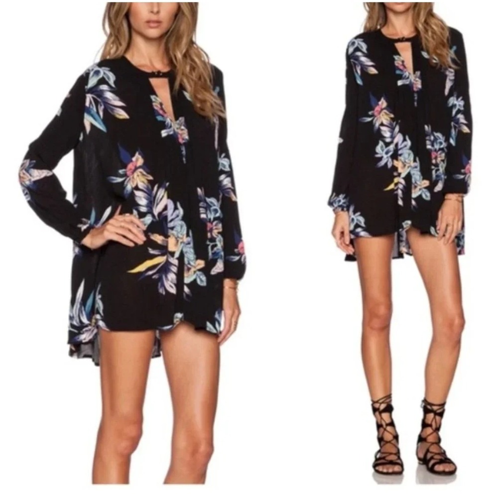 Free People Floral Orchid Mini Dress Black Tropical Keyhole Tunic Top XS Boho